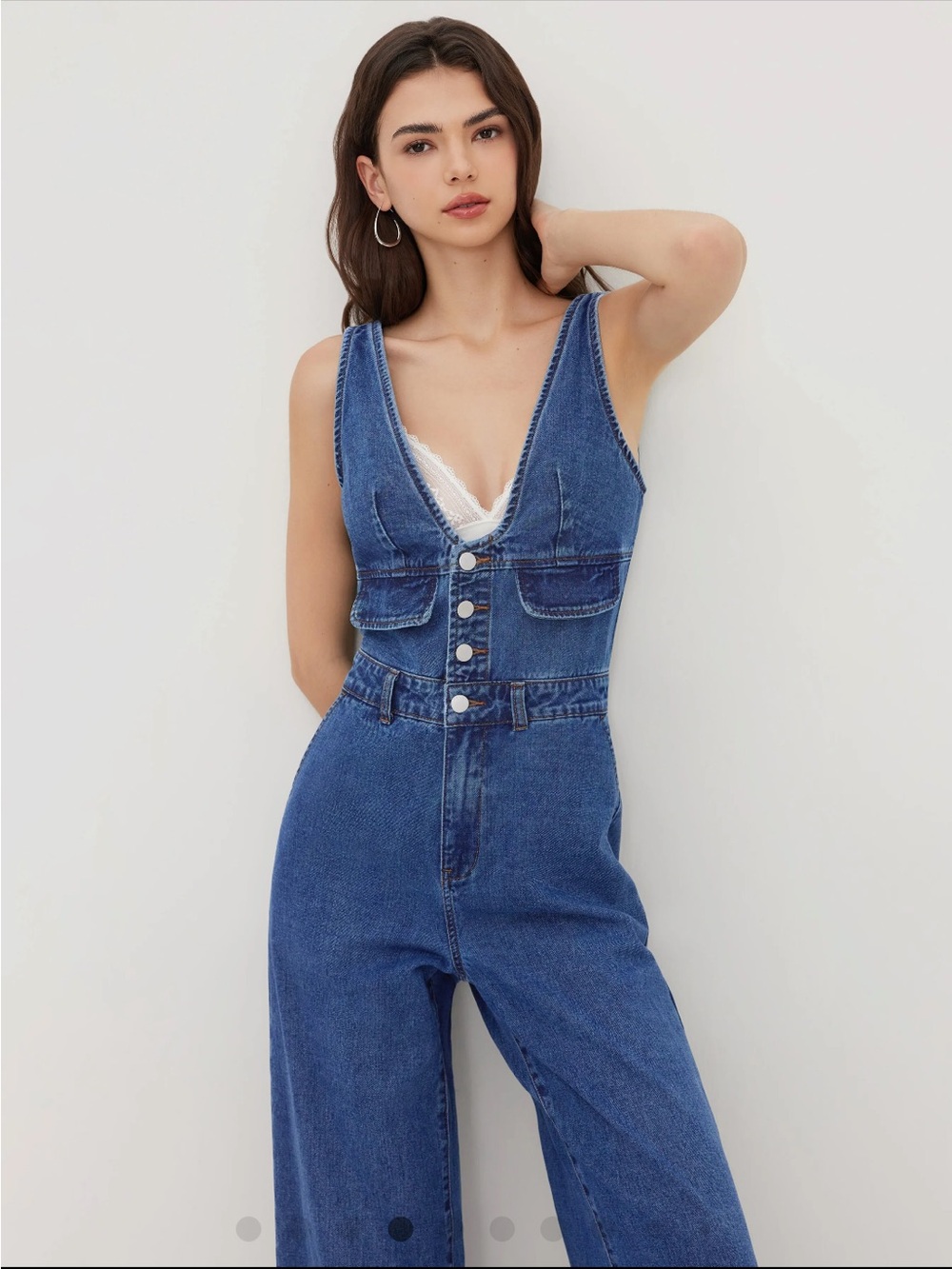 Cider Denim V-Neck Sleeveless Wide-Leg Jumpsuit Blue S Button Pockets